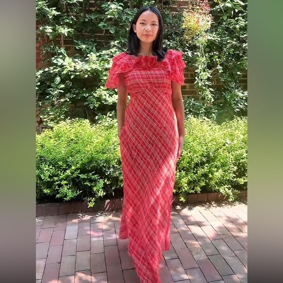 NWT Doen Nevara Cotton Rosette Short Sleeve Midi Maxi Dress Sylvie Plaid Red - Picture 6 of 12